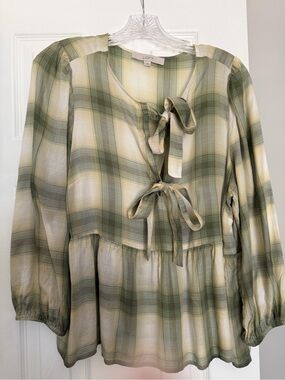LOFT Green and Cream Plaid Tie-Front Peasant Top